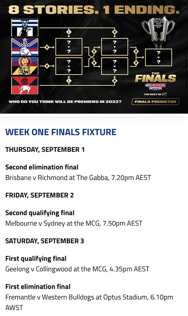 AFL finals fixtures 2022: Dates, times and venues for each week of