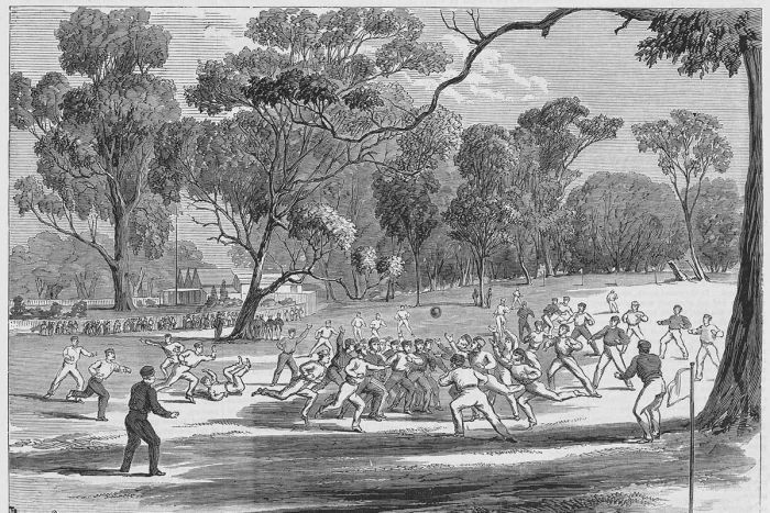Illustration of Australian Rules being played in Richmond, Victoria, 1866.|700x467