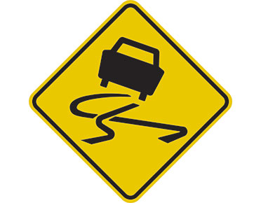Slippery road sign - class 1 retroreflective Australian standard aluminium or metal warning sign. Features yellow diamond-shaped background