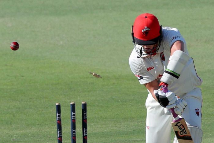 South Australian batsman Daniel Worrall plays a cricket shot as a cricket ball breaks his stumps.|700x467