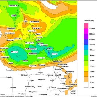 A map of Queensland with different colours over the top depicting different predicted rainfall totals.|340x340