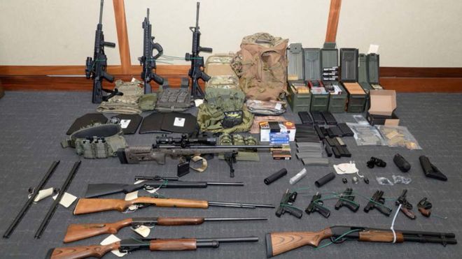 A cache of guns and ammunition uncovered by US federal investigators in the home of Coast Guard lieutenant Christopher Paul Hasson in Silver Spring, Maryland. on February 20, 2019